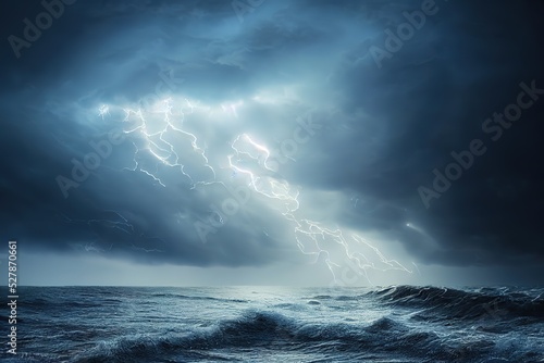 Lightning strike against the background of a cloudy dark sky.  3D  Raster illustration.