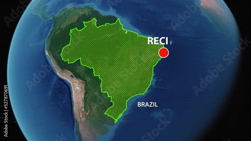 Designation of the borders of Brazil on the map and the mark of the location of the city of Recife