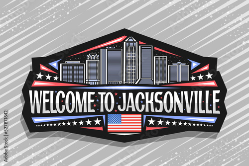 Vector logo for Jacksonville, black decorative tag with line illustration of famous jacksonville city scape on dusk sky background, art design refrigerator magnet with words welcome to jacksonville