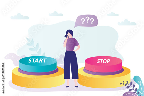Girl chooses between two opposite buttons. Female character doubts decision to activate