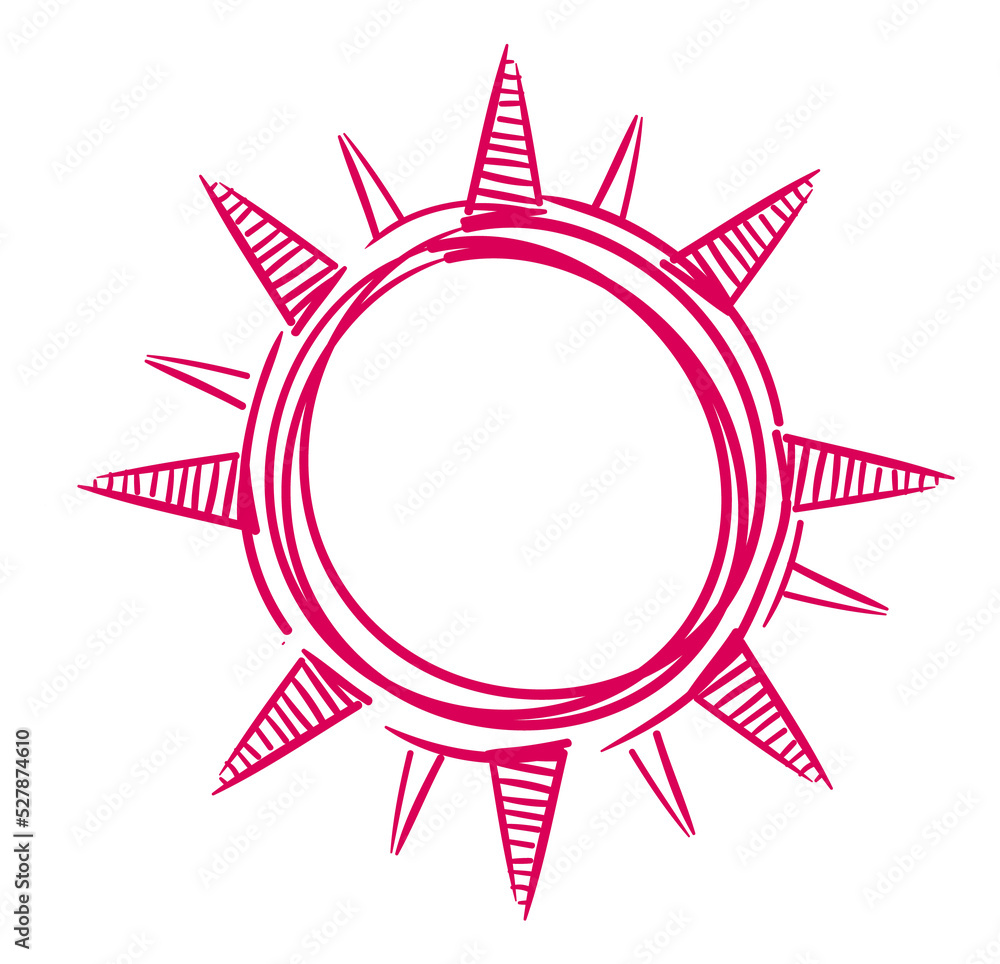 Sun icon. Red summer symbol in scribble sketch style