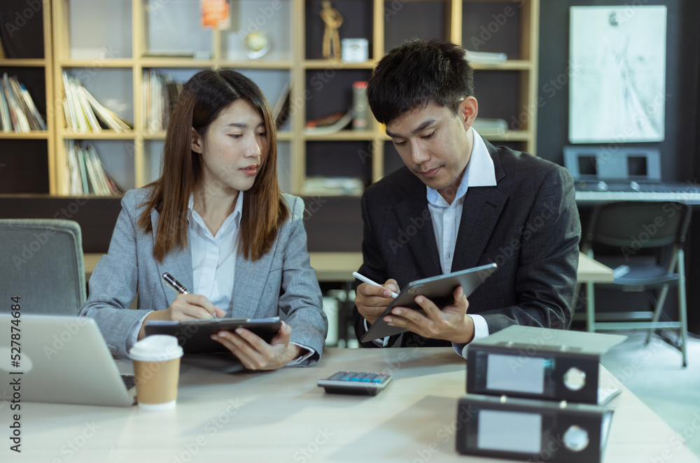 Person analyzing figures, Two businessman working on tablet and new startup marketing idea presentation, Business meeting discussion startup concept. Person analyzing figures, Two businessman working on tablet and new startup marketing idea presentation, Business meeting discussion startup concept.