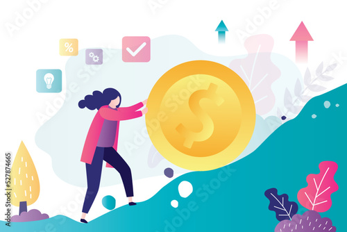 Entrepreneur successfully increase company profits. Businesswoman pushing gold coin uphill
