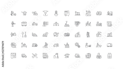 Mining concept illustration, linear icons, line signs set, vector collection