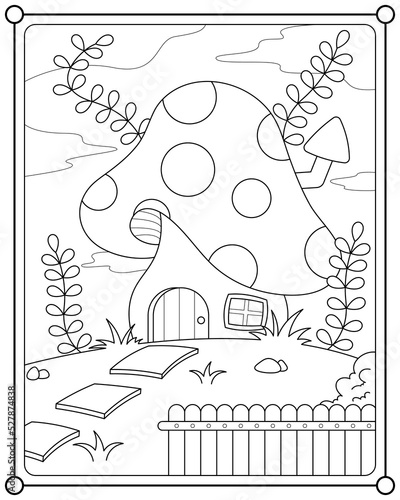 Fairy mushroom house suitable for children's coloring page vector illustration