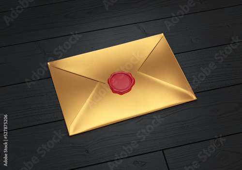 Gold envelope with red seal on black wooden background, 3d render