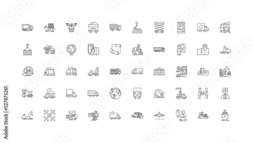 Logistics concept illustration, linear icons, line signs set, vector collection