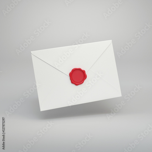 White closed envelope with red seal floating on a gray background, 3d render