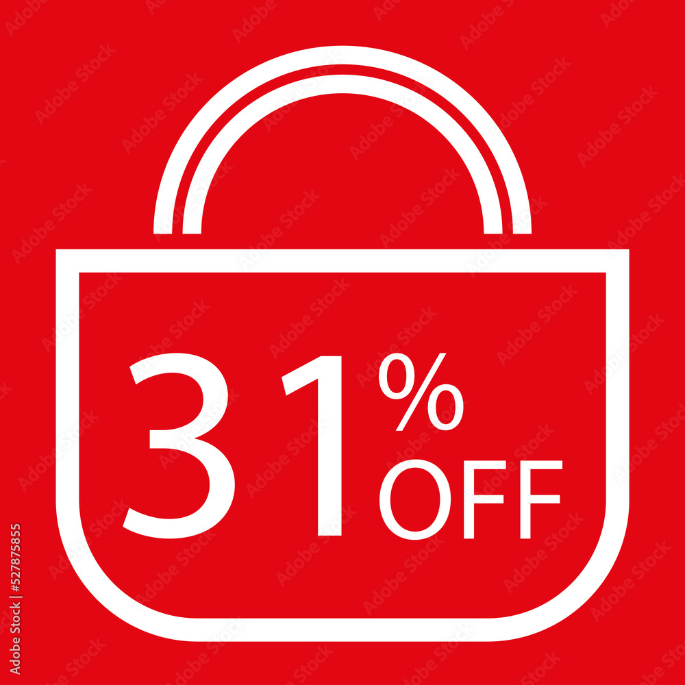 31 percent off. Red banner with shopping bag illustration. 31 percent off. Red banner with shopping bag illustration.