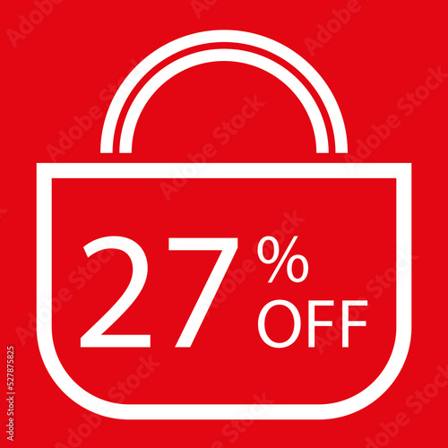 27 percent off. Red banner with shopping bag illustration. 