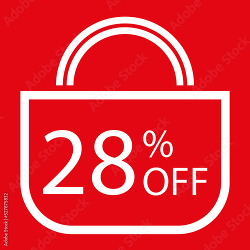 28 percent off. Red banner with shopping bag illustration. 