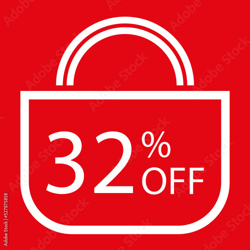 32 percent off. Red banner with shopping bag illustration. 