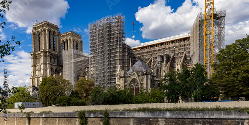 Layers of scaffolding and rigging covers the side of Notre Dame Cathedral in Paris