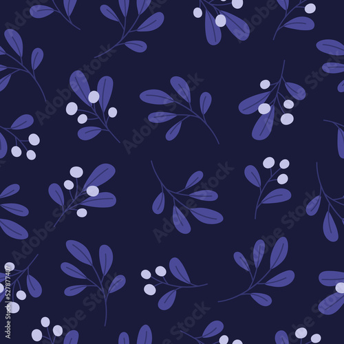 Seamless pattern with mistletoe branches on dark blue background. Good for fabric, wallpaper, packaging, textile, web design