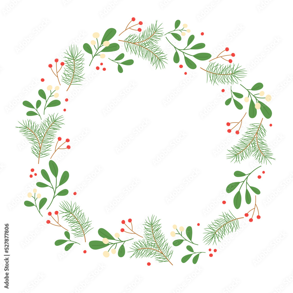 Winter wreath with mistletoe and pine twigs. Template for Christmas greeting card, invitation, poster, banner, print. Isolated vector illustration Winter wreath with mistletoe and pine twigs. Template for Christmas greeting card, invitation, poster, banner, print. Isolated vector illustration