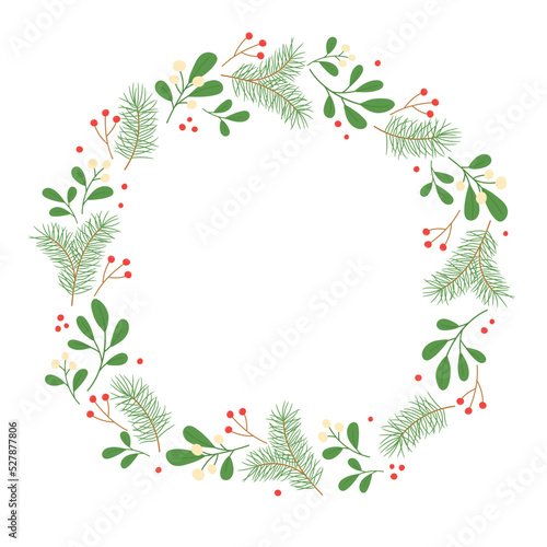 Winter wreath with mistletoe and pine twigs. Template for Christmas greeting card, invitation, poster, banner, print. Isolated vector illustration