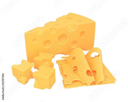 Set of cheese pieces, slices and cubes of yellow color, 3d render photo