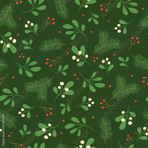 Seamless pattern with winter twigs on green background. Good for fabric, wallpaper, packaging, textile, web design.