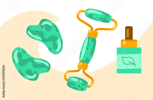 Set of Gua Sha massage tool. Gua sha scrapers, face oil, massage roller. Home beauty routine. Cartoon illustration