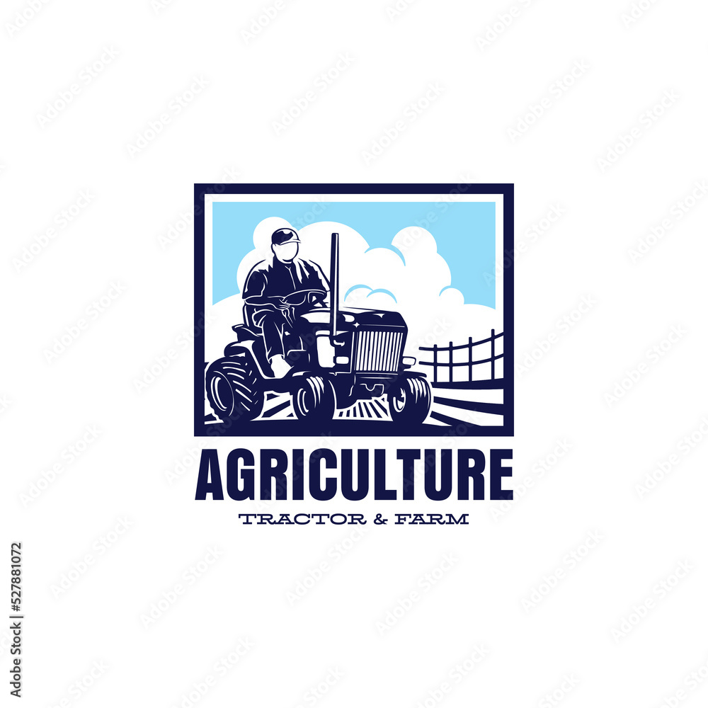 a man driving tractor logo. agricultural farm machine logo design template