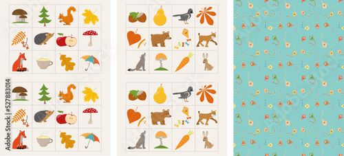 Autumn memory game cards with cute objects. Matching activity. Remember and find correct picture card. Fall worksheet for kids. Reverse side.