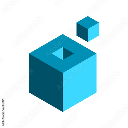 3D cube with small part outside. Missing piece idea. Isometric box with hole in the middle. Architecture, construction, building concept. Puzzle game. Completed task. Vector illustration, clip art