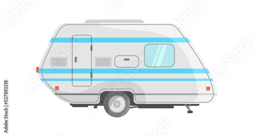 White trailer with blue stripes. Retro tourist auto for road, icon flat vector illustration