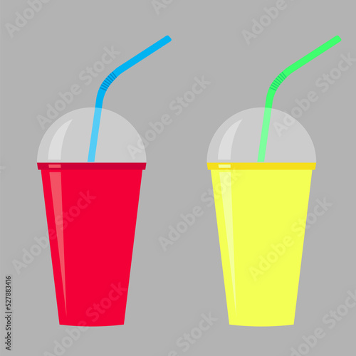 Refreshing summer cocktails set. jpeg flat texture illustration. Plastic drinking cup with lid and straw. Cooling cocktails. Citrus refreshing healthy drink for design
