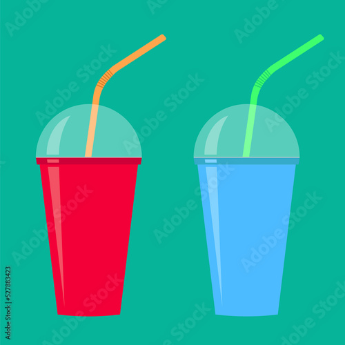 Refreshing summer cocktails set. jpeg flat texture illustration. Plastic drinking cup with lid and straw. Cooling cocktails. Citrus refreshing healthy drink for design
