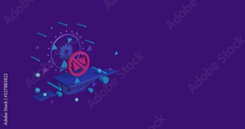 Pink no video symbol on a pedestal of abstract geometric shapes floating in the air. Abstract concept art with flying shapes on the left. 3d illustration on deep purple background