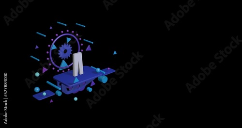 White pants symbol on a pedestal of abstract geometric shapes floating in the air. Abstract concept art with flying shapes on the left. 3d illustration on black background