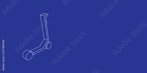 The outline of a large kick scooter symbol made of white lines on the left. 3D view of the object in perspective. Vector illustration on indigo background