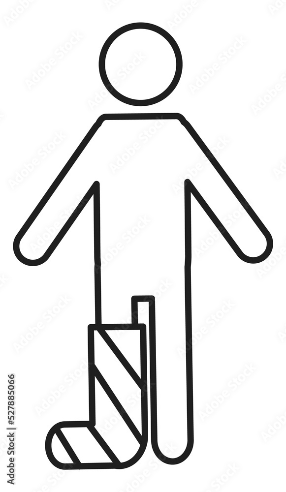 Broken leg icon. Human with fracture in plaster sign Broken leg icon. Human with fracture in plaster sign