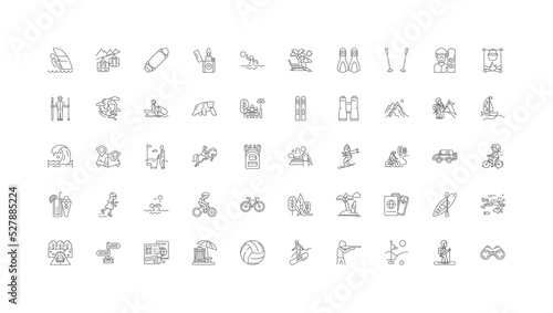 Outdoor leisure ideas, linear icons, line signs set, vector collection