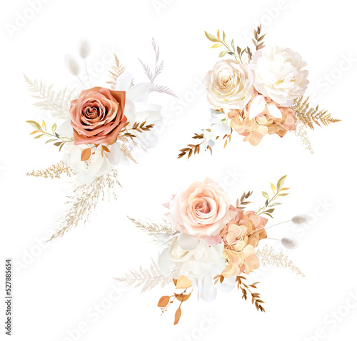 Rust orange and blush pink antique rose, beige and pale flowers, creamy magnolia, peony, ranunculus, hydrangea