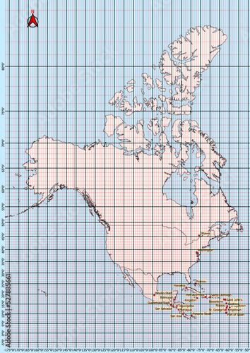 North America Map Geographic Coordinates latitude and longitude German language