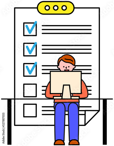 Man stands at big complete checklist icon, worksheet with tick marks, to do list. Business organization and achievements of goals. Check list, questionnaire, management and tasks planning concept