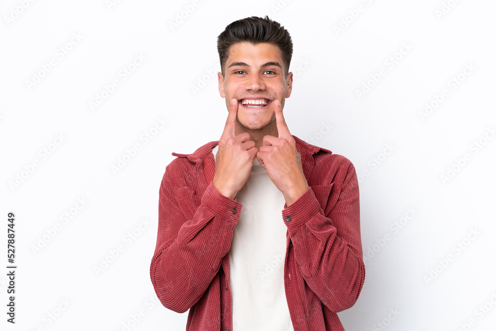 Young caucasian man isolated on white background smiling with a happy and pleasant expression Young caucasian man isolated on white background smiling with a happy and pleasant expression