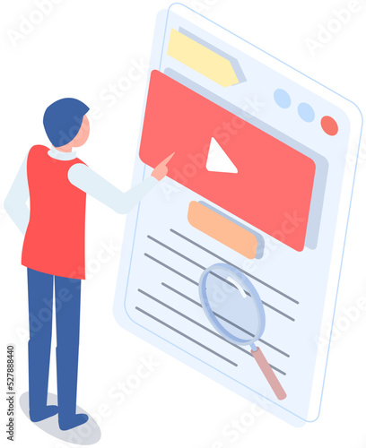 Man interacting with screen digital device presses video player button. Watch movie on phone. Monitor with infographics. Concept of business assistance. Interactive screen, search for information
