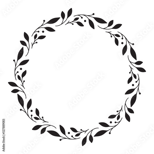 Vector hand drawn floral wreath isolated on white background. Silhouette round frame with of leaves. Doodle style. Floral monogram frame.