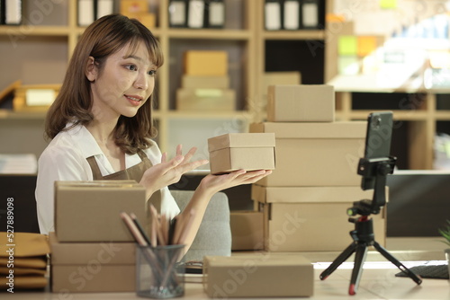 Asian young businesswoman using laptop computer online chat with packaging box, Business online influencer on social media concept, Online Selling, Online Shopping to market. © SOMKID