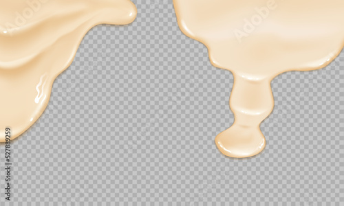 Flowing realistic liquid mayonnaise on transparent background.Spreading cheese, cream, milk, cream or yogurt.