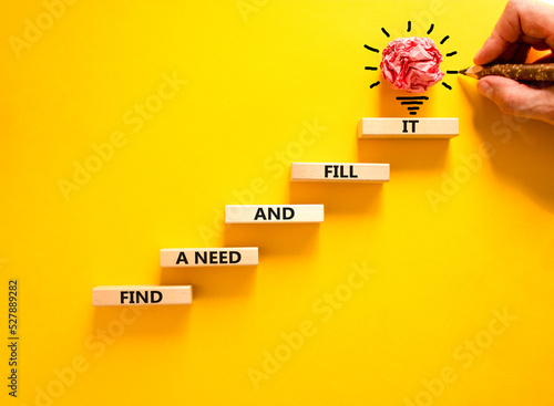 Find a need and fill it symbol. Concept words Find a need and fill it on wooden blocks on a beautiful yellow background. Businessman hand. Business and find a need and fill it concept. Copy space. photo