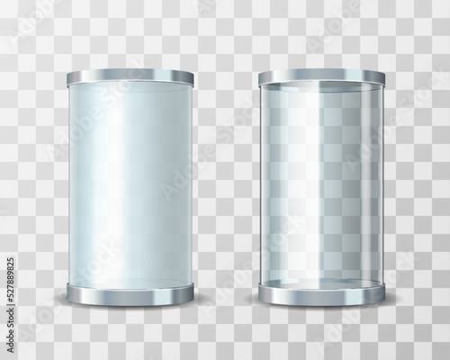 Empty glass showcase tubes on transparent background. Mockup object