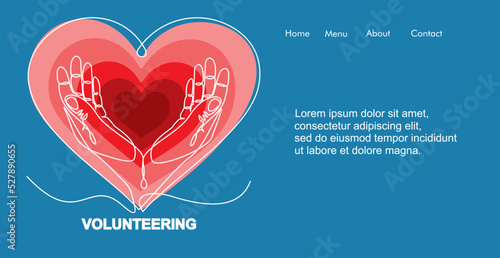 Continuous one line drawing of volunteering hands with heart.  Illustration with quote template. Can used for logo, emblem, slide show and banner.