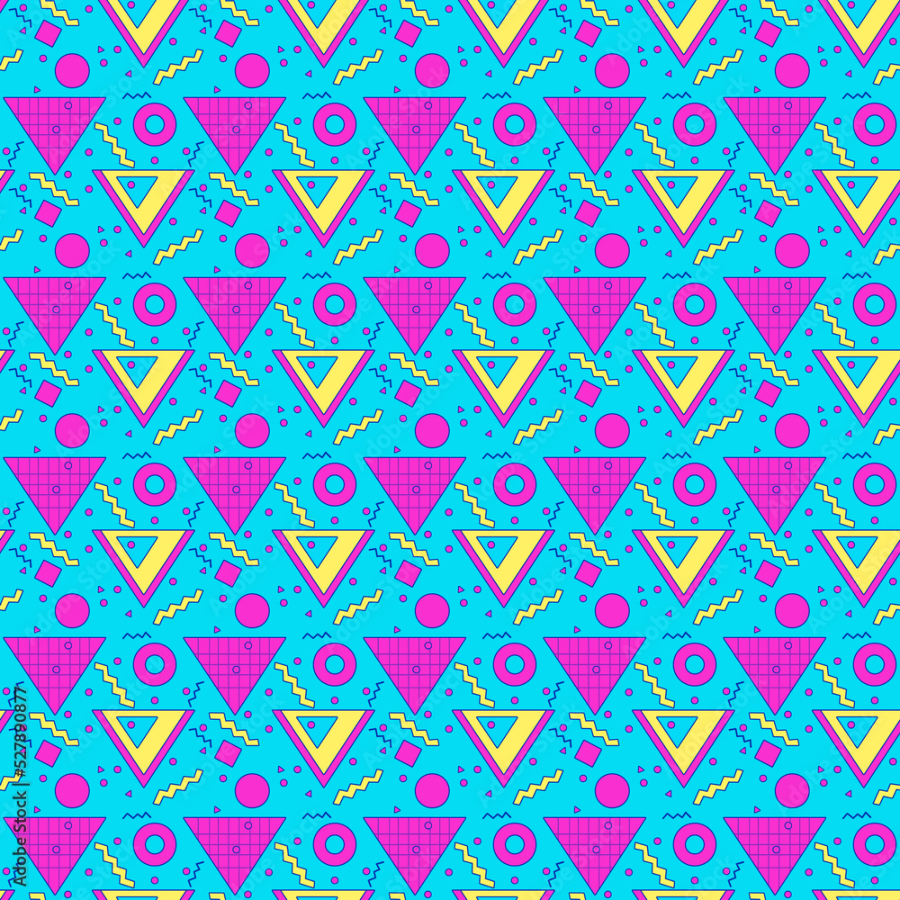 Seamless abstract pattern of bright yellow and pink triangles, circles, squares and squiggles on a light blue background. Repeating tile with party vibes. Seamless abstract pattern of bright yellow and pink triangles, circles, squares and squiggles on a light blue background. Repeating tile with party vibes.