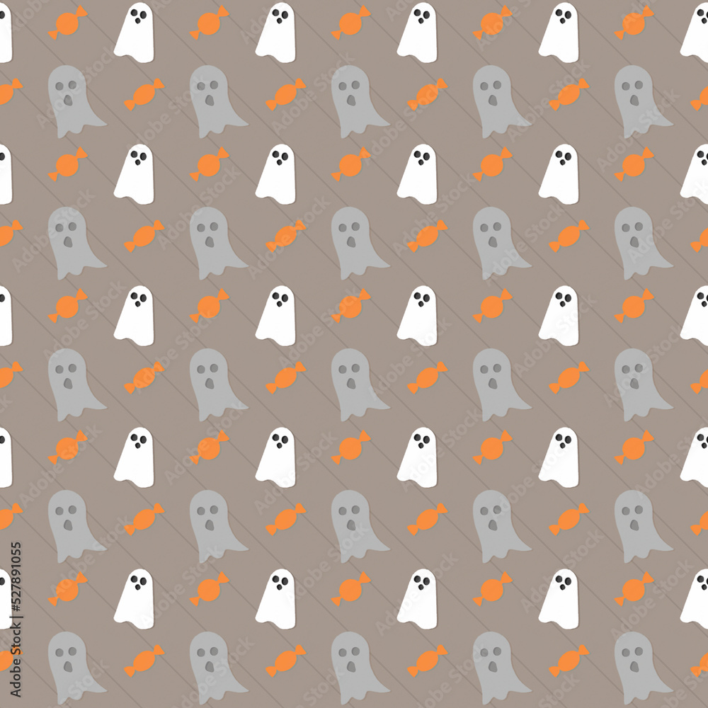 Fun repeating pattern of simple white and gray cartoon ghosts and orange candy, on a gray background with black diagonal lines. Seamless tile background. Fun repeating pattern of simple white and gray cartoon ghosts and orange candy, on a gray background with black diagonal lines. Seamless tile background.