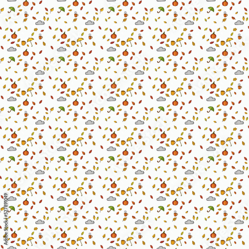 Repeating autumn pattern of hand drawn cartoon clouds, mugs, leaves, pumpkins and umbrellas on a white background. Seamless tile. Fall season.