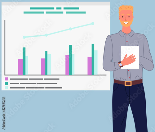 Analytics information and development statistics. Web analysis measure, product testing technology. Man analyses dashboard seo optimization, digital report. Statistical indicators and data on diagram