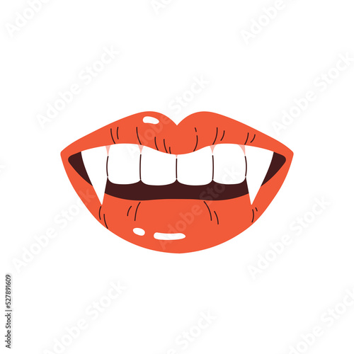 Vampire lips with fangs. A woman's mouth with bright red lips and long, sharp teeth. Vampire aesthetic. Halloween element. Vector illustration in cartoon style. Isolated white background